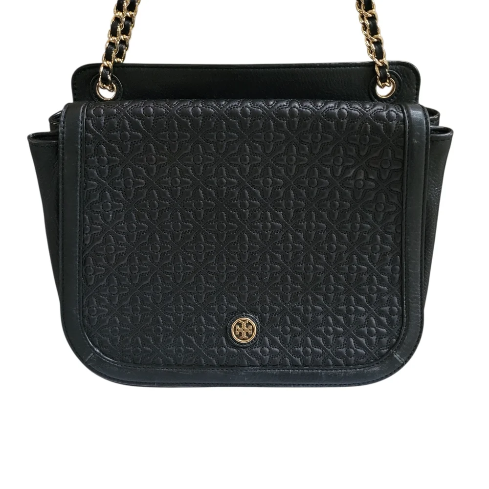 Tory Burch Bryant Quilted Convertible Shoulder Bag in Black Pebbled Leather